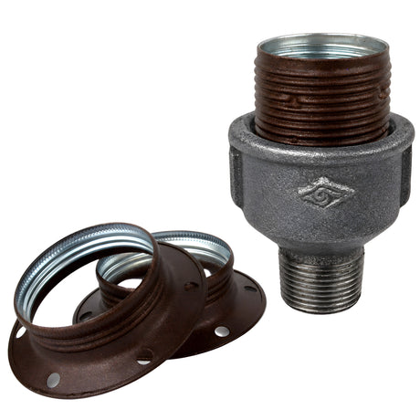 E27-fatningssæt i mat rustfarvet metal på fitting med udvendigt gevind i sort støbejern Økonomi