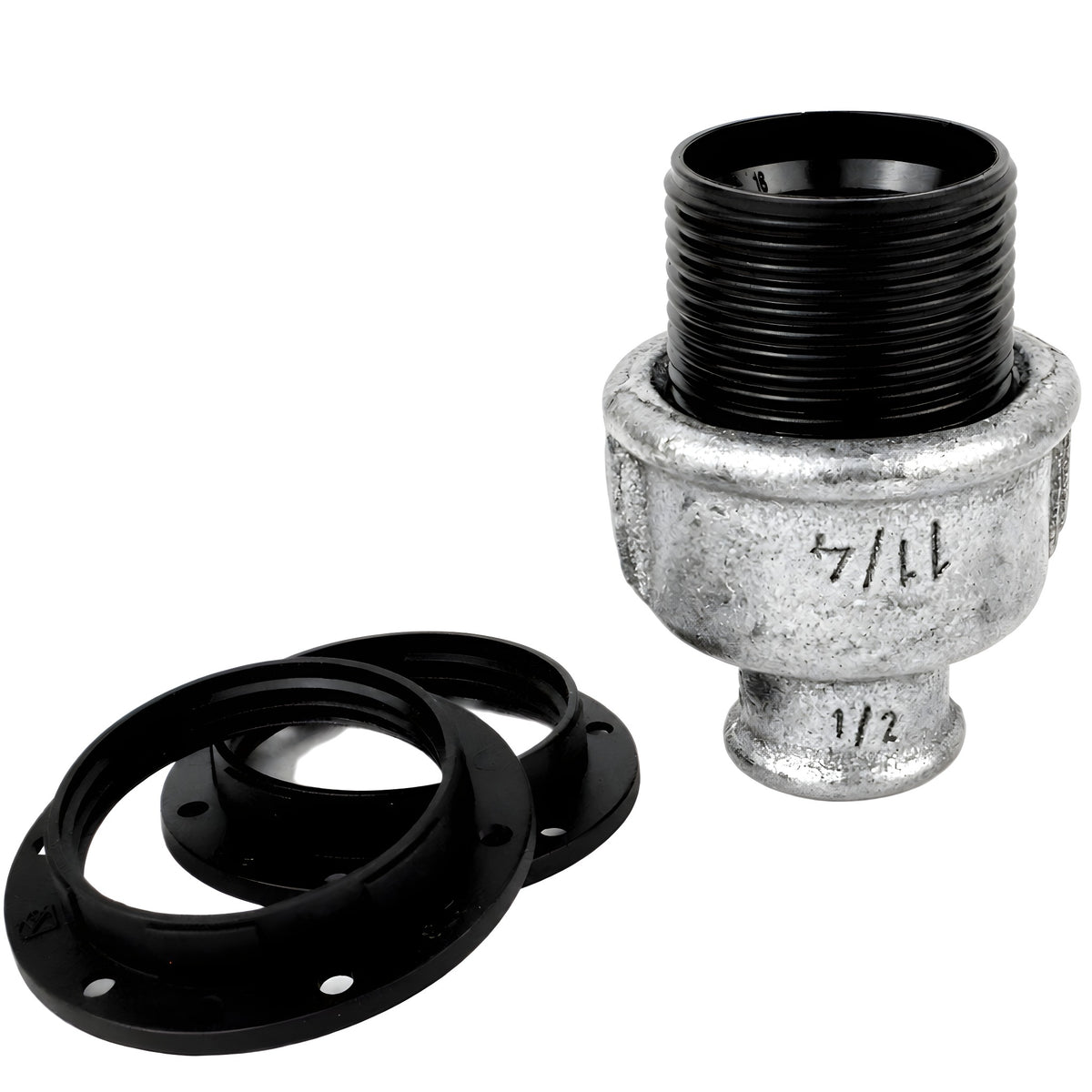 E27-fatningssæt i bakelit på fitting 1/2'' (15x21mm) med indvendigt gevind i galvaniseret støbejern