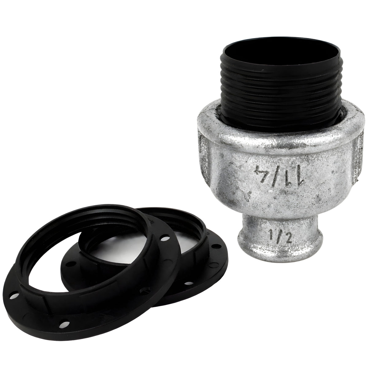 E27-fatningssæt i termoplast på fitting 1/2'' (15x21mm) med indvendigt gevind i galvaniseret støbejern