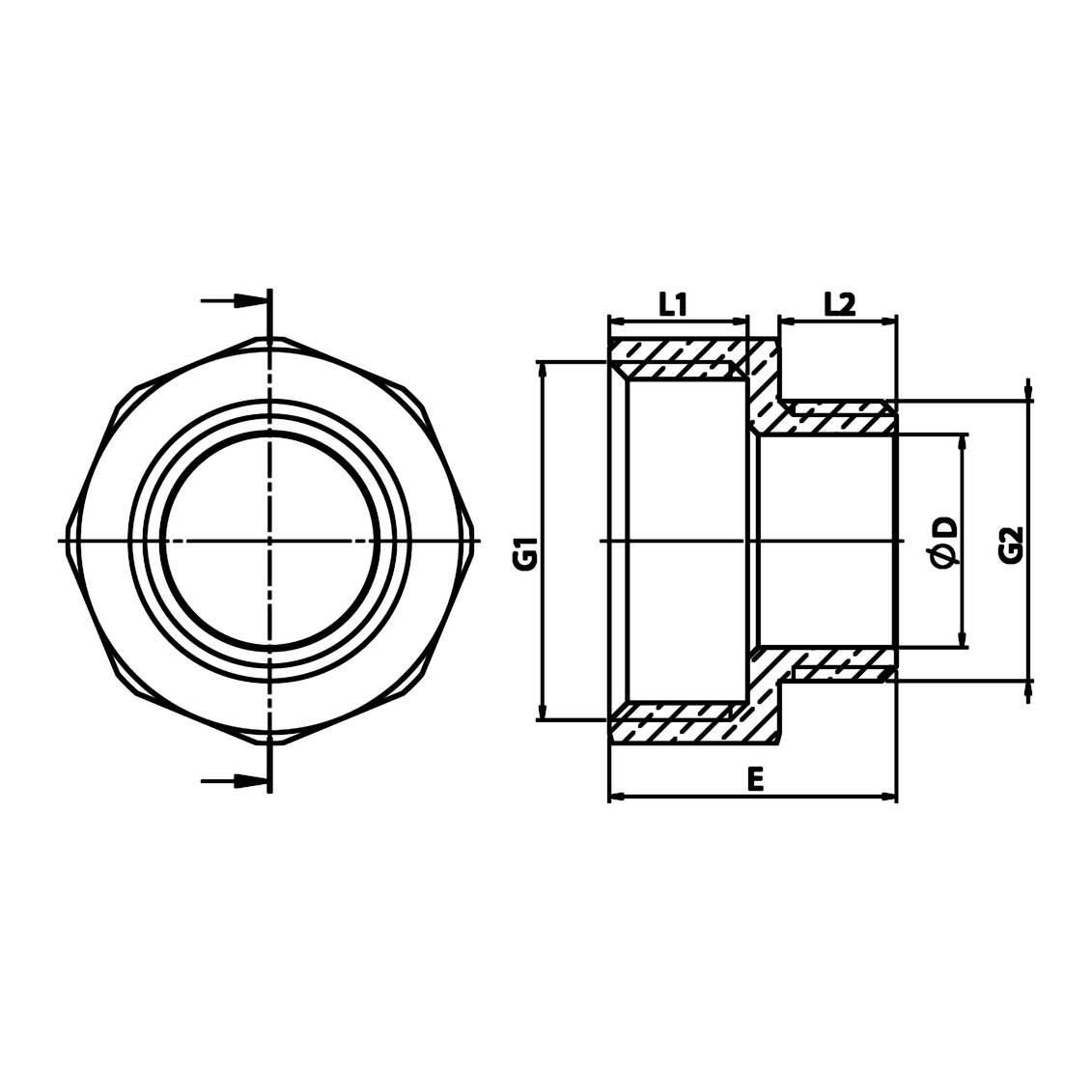 Måltegning: reduktionsnippel I/U i messing (ref. 1246)