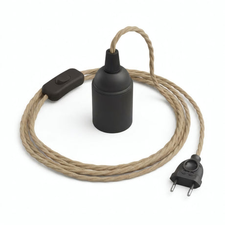 Snoet stofledning med fatning og stik, naturfarvet jute, E27-fatning