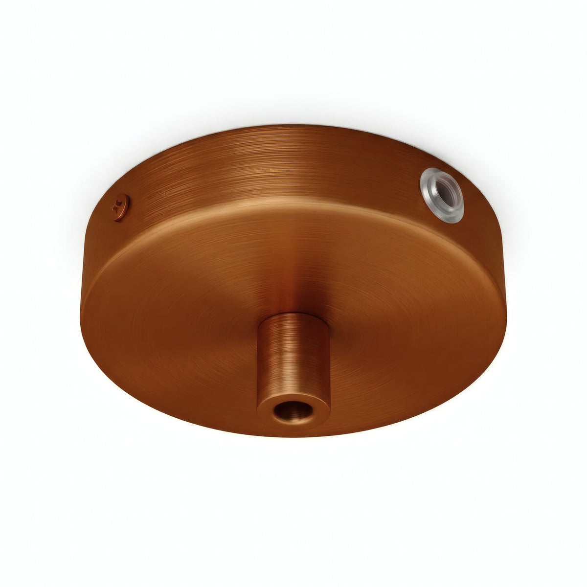 Lille cylindrisk roset i metal, Ø 83 mm — 1 centralt hul og 2 i siden / Cylindrisk metal / Satineret kobber