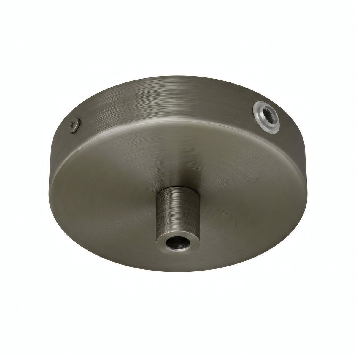 Lille cylindrisk roset i metal, Ø 83 mm — 1 centralt hul og 2 i siden / Cylindrisk metal / Satineret titan