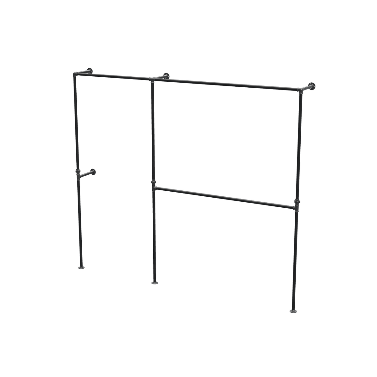 Penderie ouverte à deux baies en tuyaux de plomberie noirs Ø 27 mm — baies de 90 + 150 cm, vue de trois quarts sur fond blanc