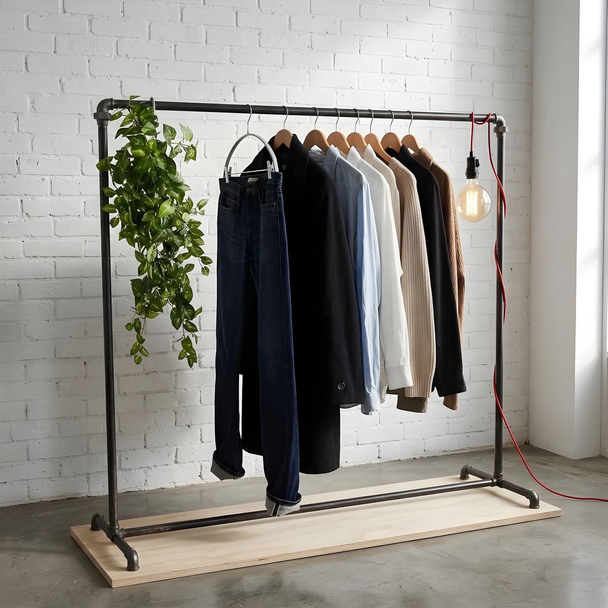 Industrielt tøjstativ af sorte VVS-rør i en butik med hvid murstensvæg, med hængeplante og pære