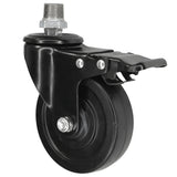 Sort industrielt drejehjul i gummi på 100 mm med bremse, 1/2'' (15x21mm) udvendigt gevind, fitting i galvaniseret støbejern