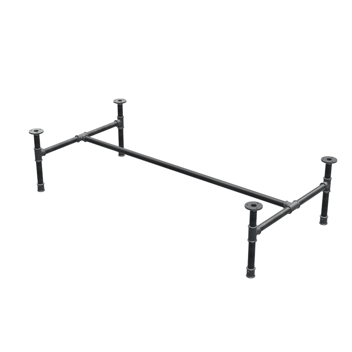 Industrielt sofabordsstel i støbejern, H-form, 131 × 65 cm, højde 32 cm, trekvartsvisning