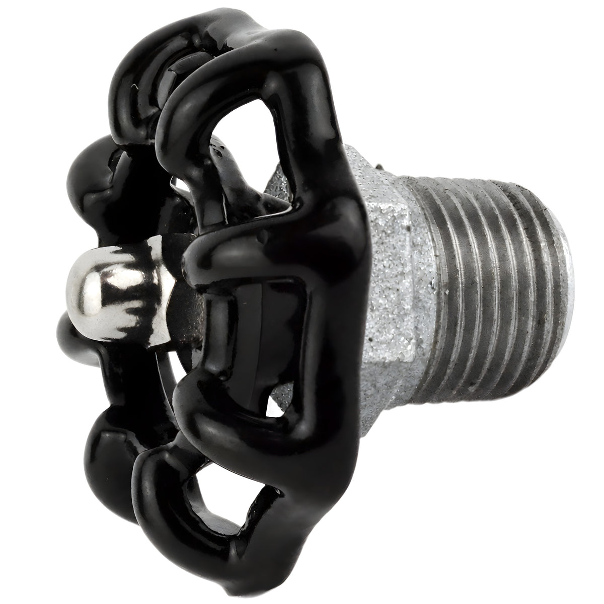 Sort håndhjul 52 mm på halv nippel, 1/2'' med møtrik i rustfrit stål, fitting i galvaniseret støbejern