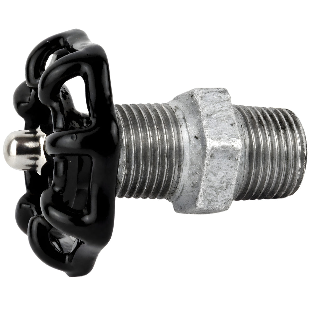 Sort håndhjul 52 mm på nippel, 1/2'' med møtrik i rustfrit stål, fitting i galvaniseret støbejern