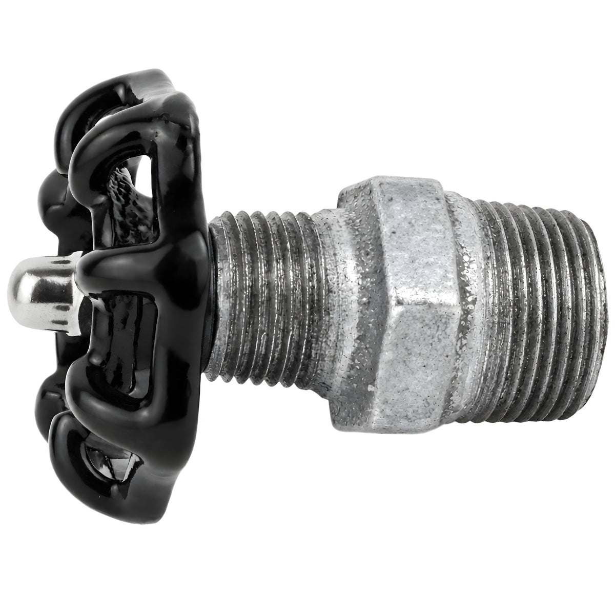 Sort håndhjul 52 mm på nippel, møtrik i rustfrit stål, fitting i galvaniseret støbejern