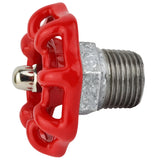 Rødt håndhjul 52 mm på halv nippel, 1/2'' med møtrik i rustfrit stål, fitting i galvaniseret støbejern