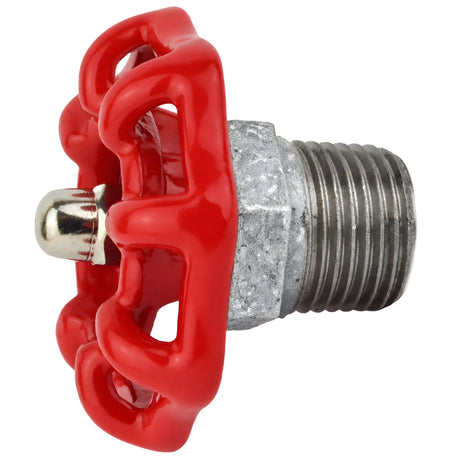 Rødt håndhjul 52 mm på halv nippel, 1/2'' med møtrik i rustfrit stål, fitting i galvaniseret støbejern