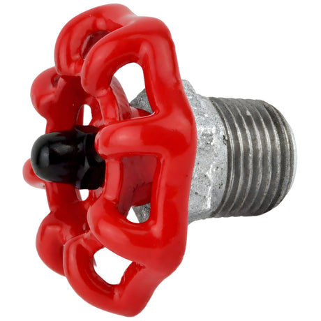 Rødt håndhjul 52 mm på halv nippel, 1/2'' med sort møtrik, fitting i galvaniseret støbejern