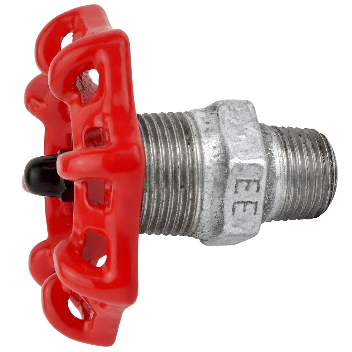Rødt håndhjul 72 mm på nippel, 1/2'' med sort møtrik, fitting i galvaniseret støbejern